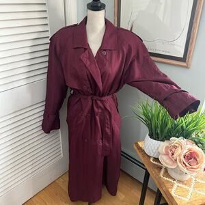 Vintage 80s LAURA JEAN Womens Trench Coat Belted Maroon Outdoor Retro Lined 10